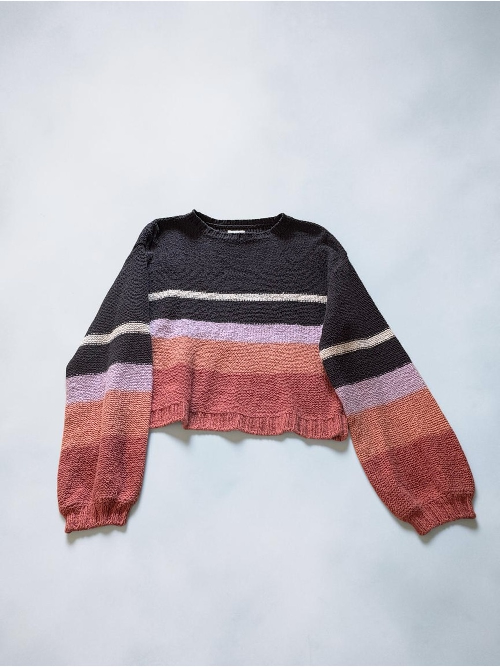 Billabong Striped Cropped Crewneck Sweater in Black and Rust Sz Medium